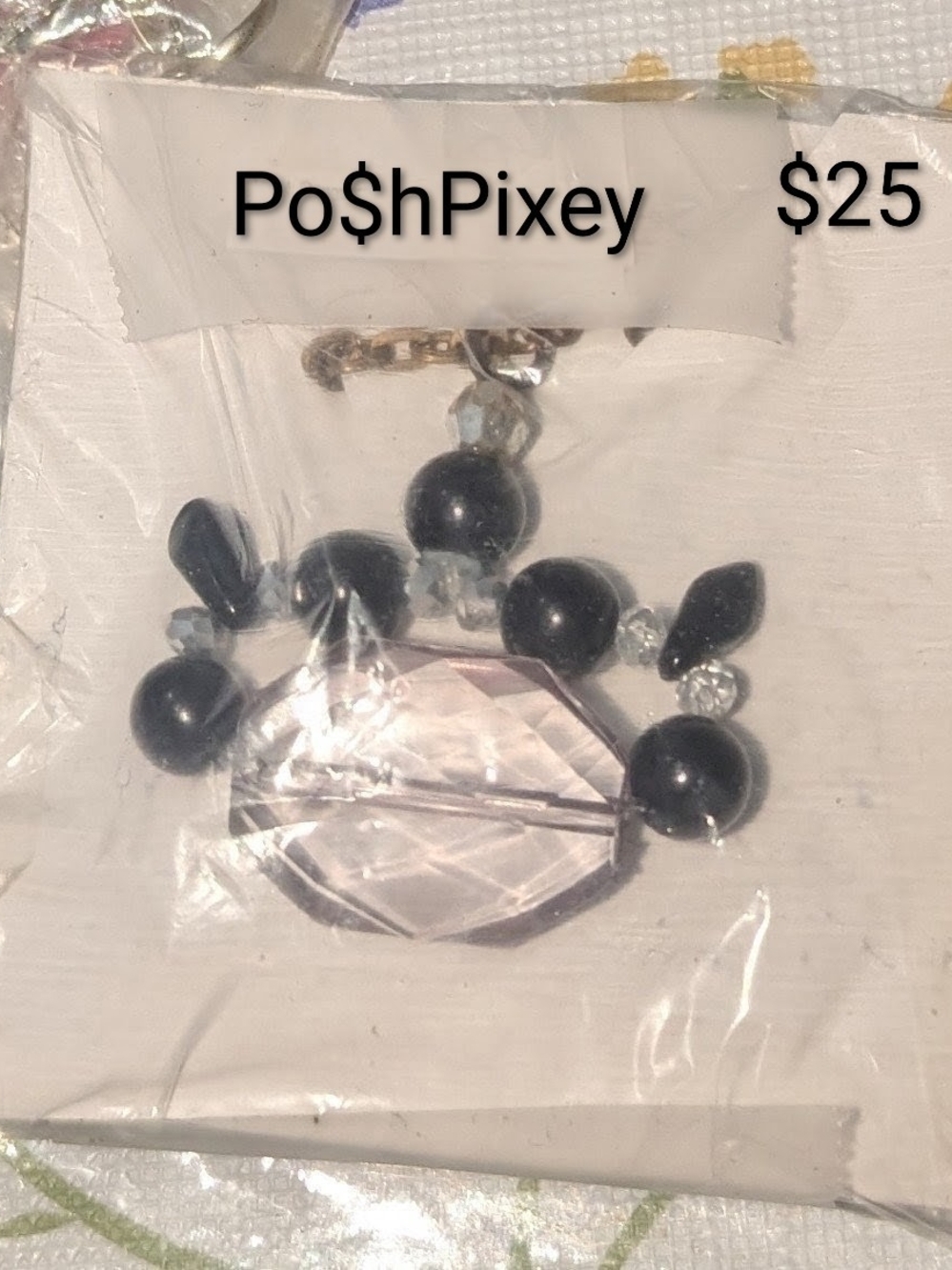 Black Bead and Faceted Crystal Pendant Necklace